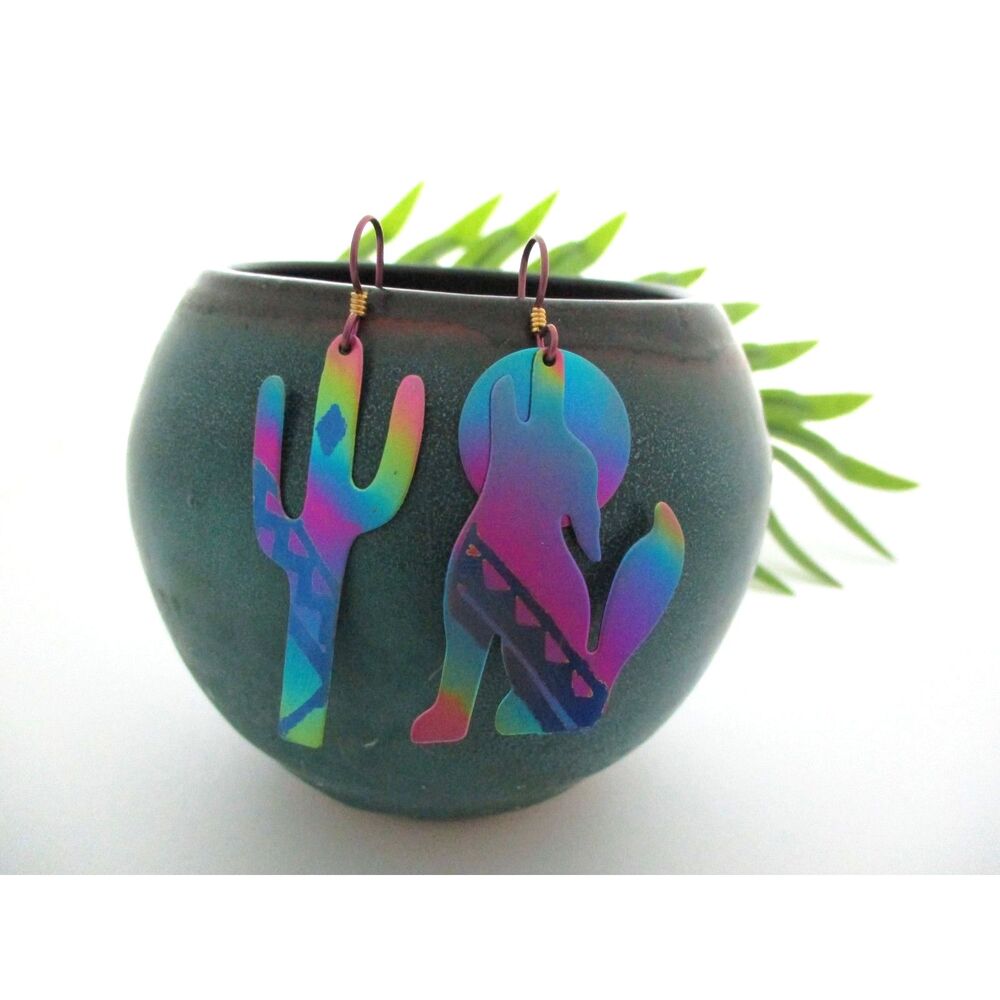 Vintage big niobium wolf howling moon cactus dangle earrings multi-color